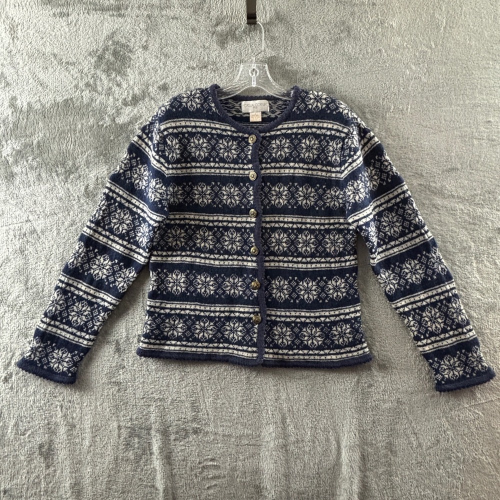 Casual Corner Snowflake Fair Isle Cardigan Sweater Small Blue Wool Nordic Button